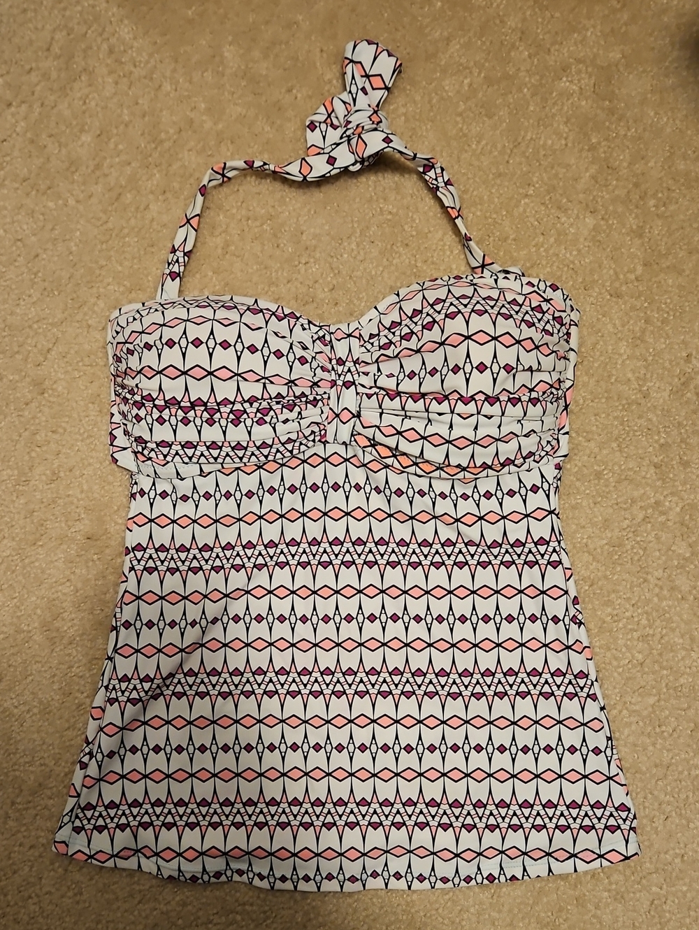 White Patterned Halter Tankini Top with Pink Accents
